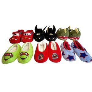 Bundle of Six Boys Size 7-8 Plush Slippers- Cars McQueen, TMNT Rafael, Batman